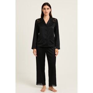 H&M Black Satin Lace Trim Pajama Set Long Sleeve Button Up‎ Pants XS